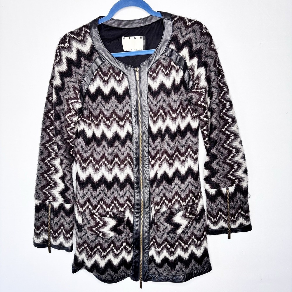 Mike Gonzalez Zig Zag Wool Blend Zip Front Cardigan Jacket Leather Trim Size M